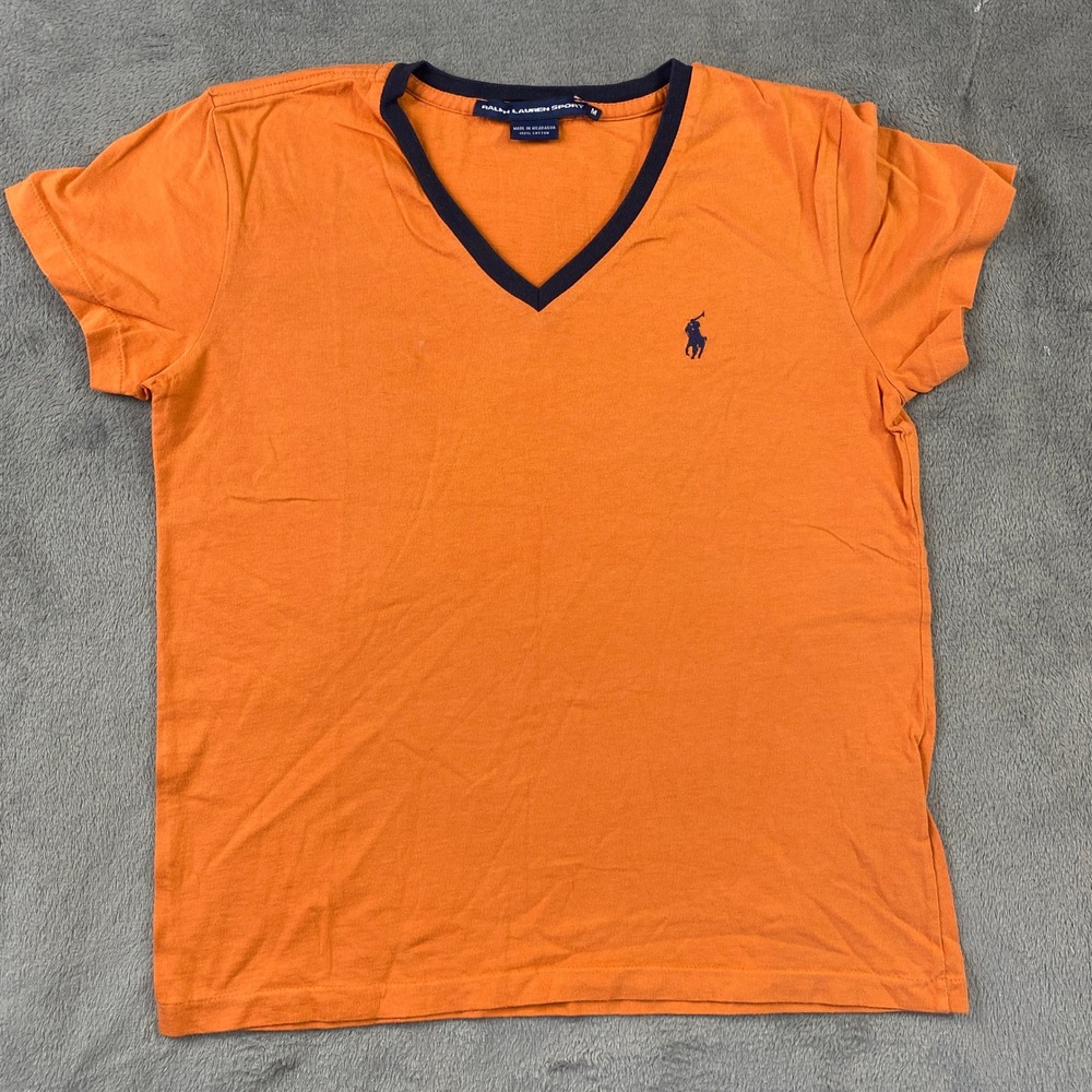 Ralph Lauren Sport TShirt Womens M Orange Navy Blue VNeck Cotton Logo Equestrian